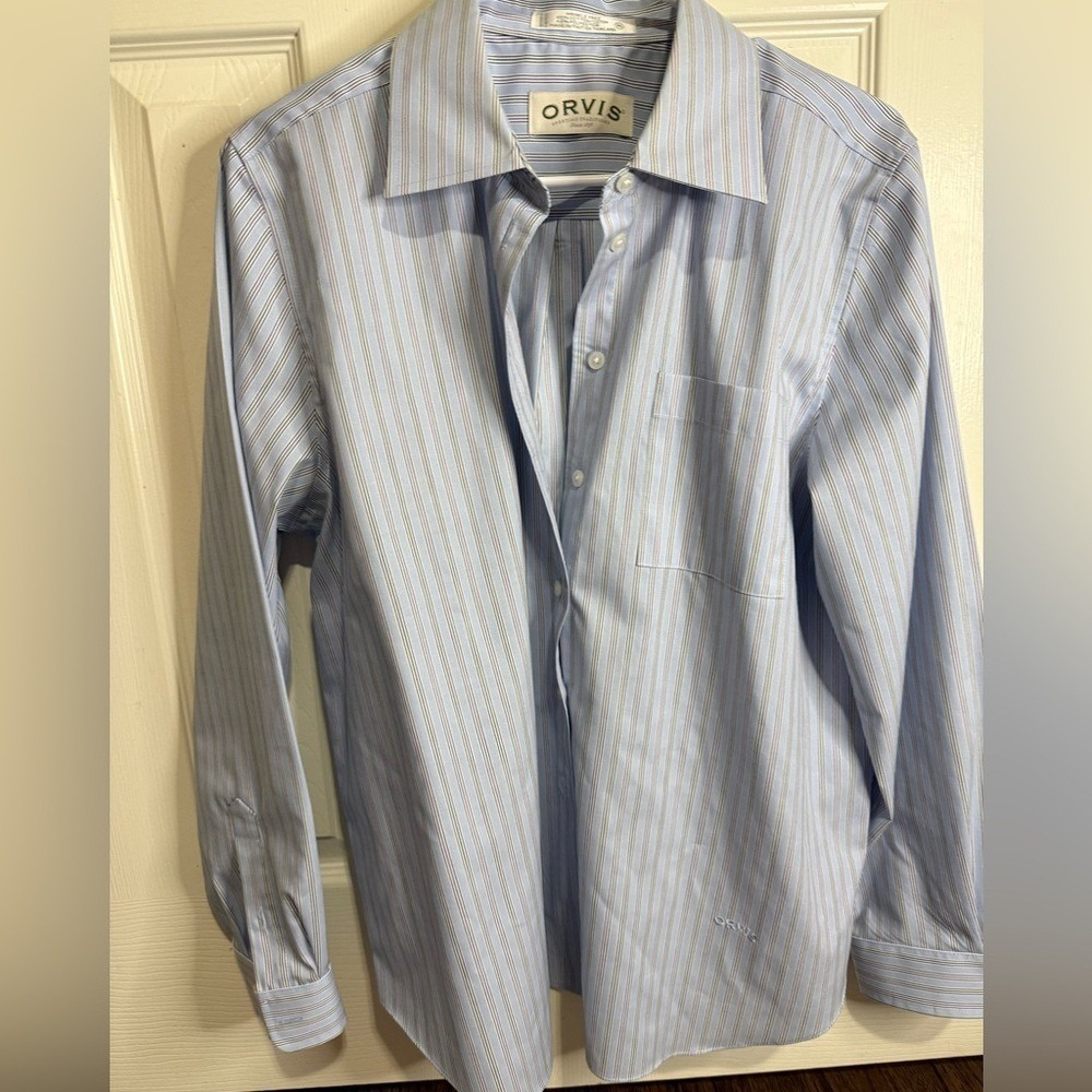 Orvis Men's 16 Wrinkle Free Blue Stripe Button‎ Down Shirt Cotton Long Sleeve